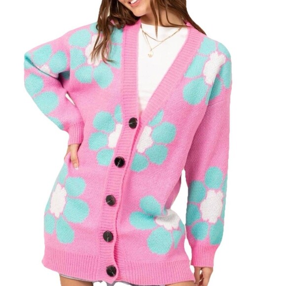 Pink Daisy Flower Cardigan Sweater Women’s S Oversized Y2K Retro Indie Boho - Picture 1 of 10